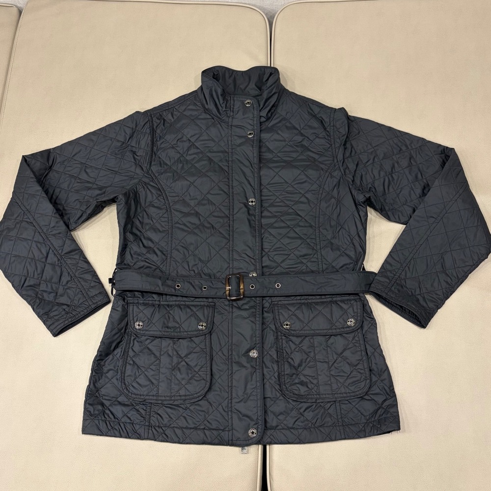 Peter Millar Womens Black Quilted Belted Jacket Plaid Lining LF15Z02 Size M‎